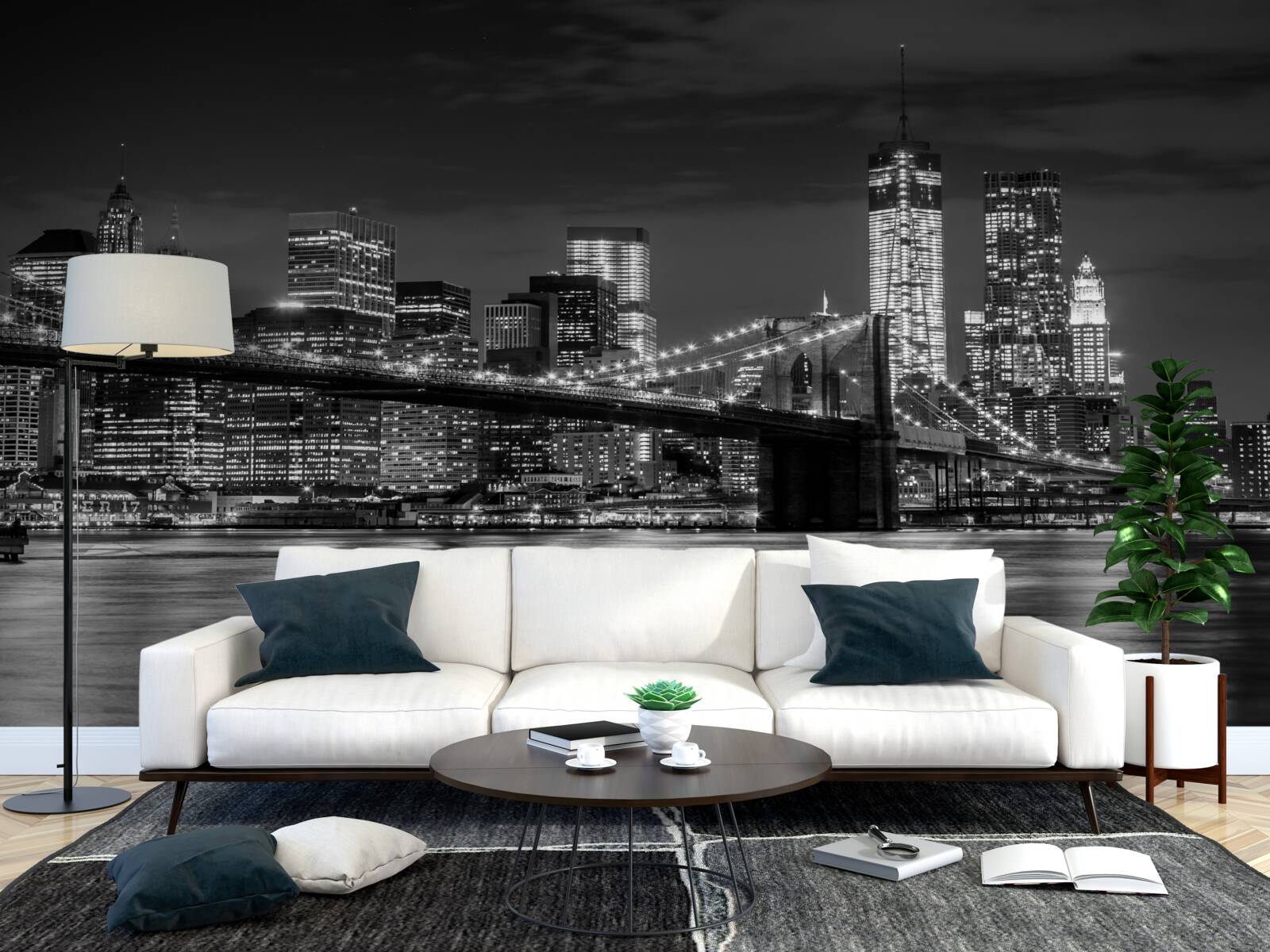 Fototapeten Panorama der Brooklyn Bridge in Schwarz und Weiß