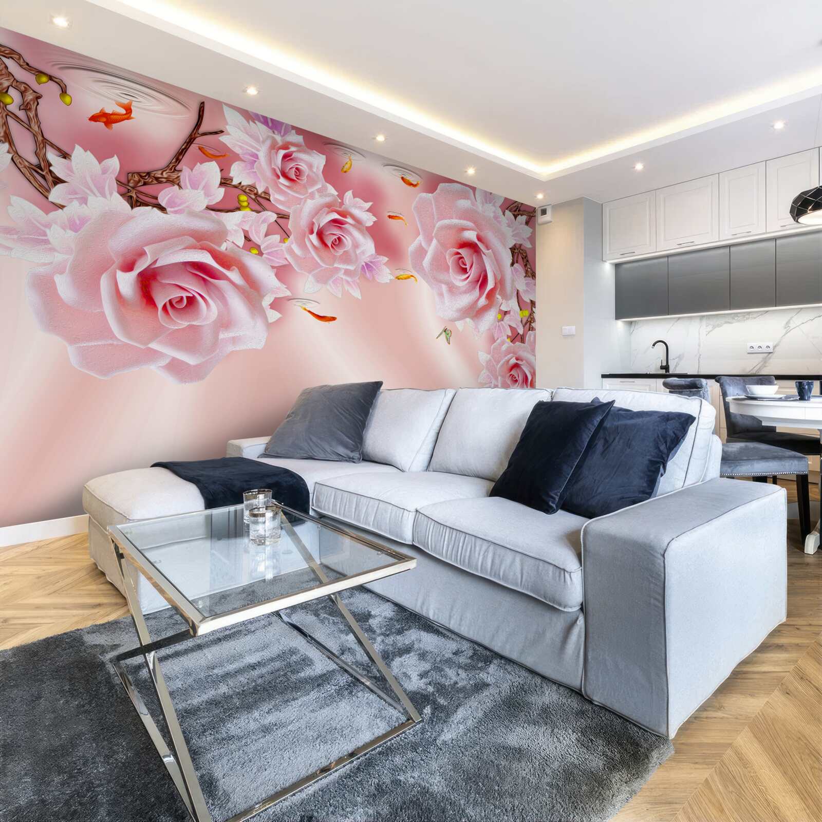 Fototapeten Köstliche Rosenknospen blühen auf den Zweigen