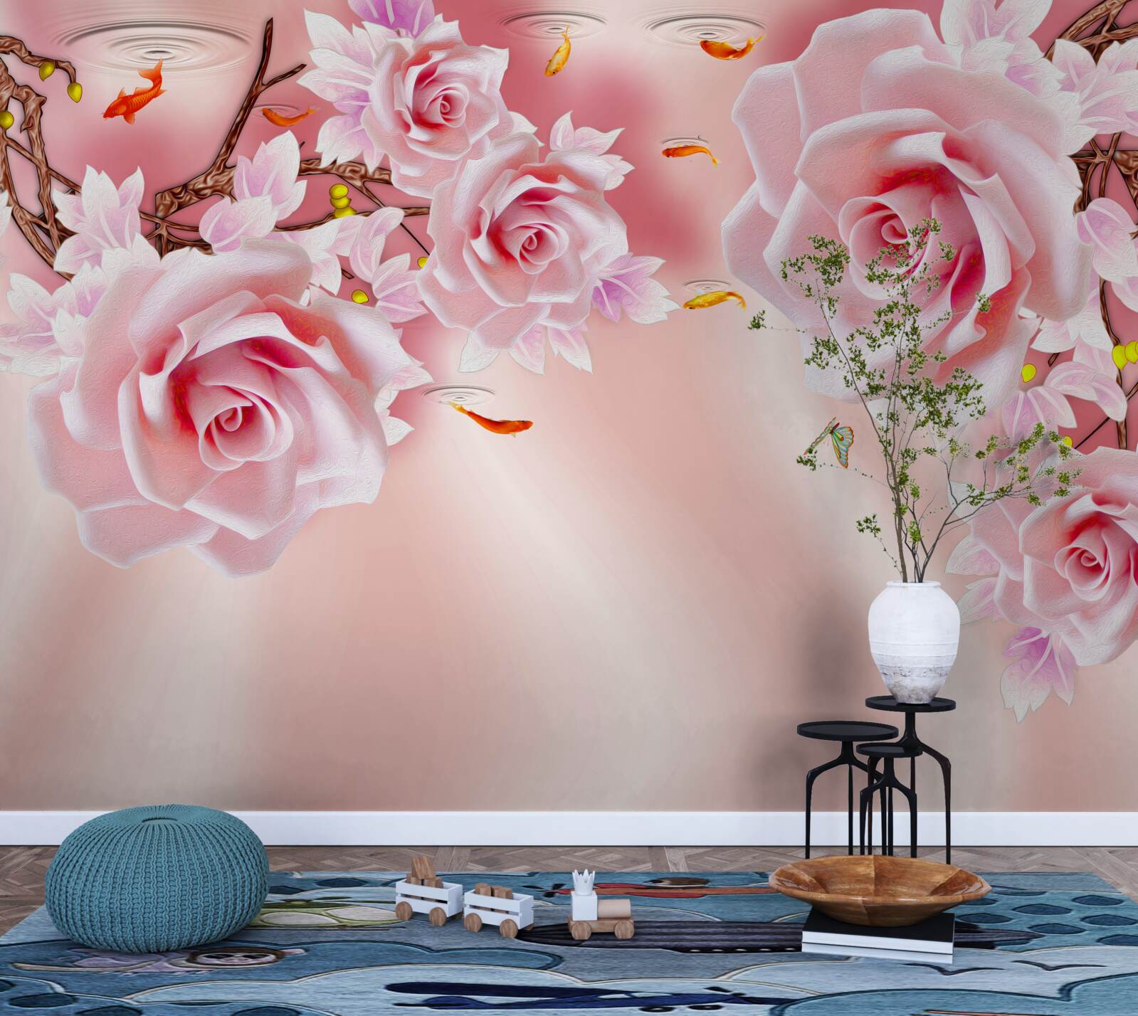 Fototapeten Köstliche Rosenknospen blühen auf den Zweigen