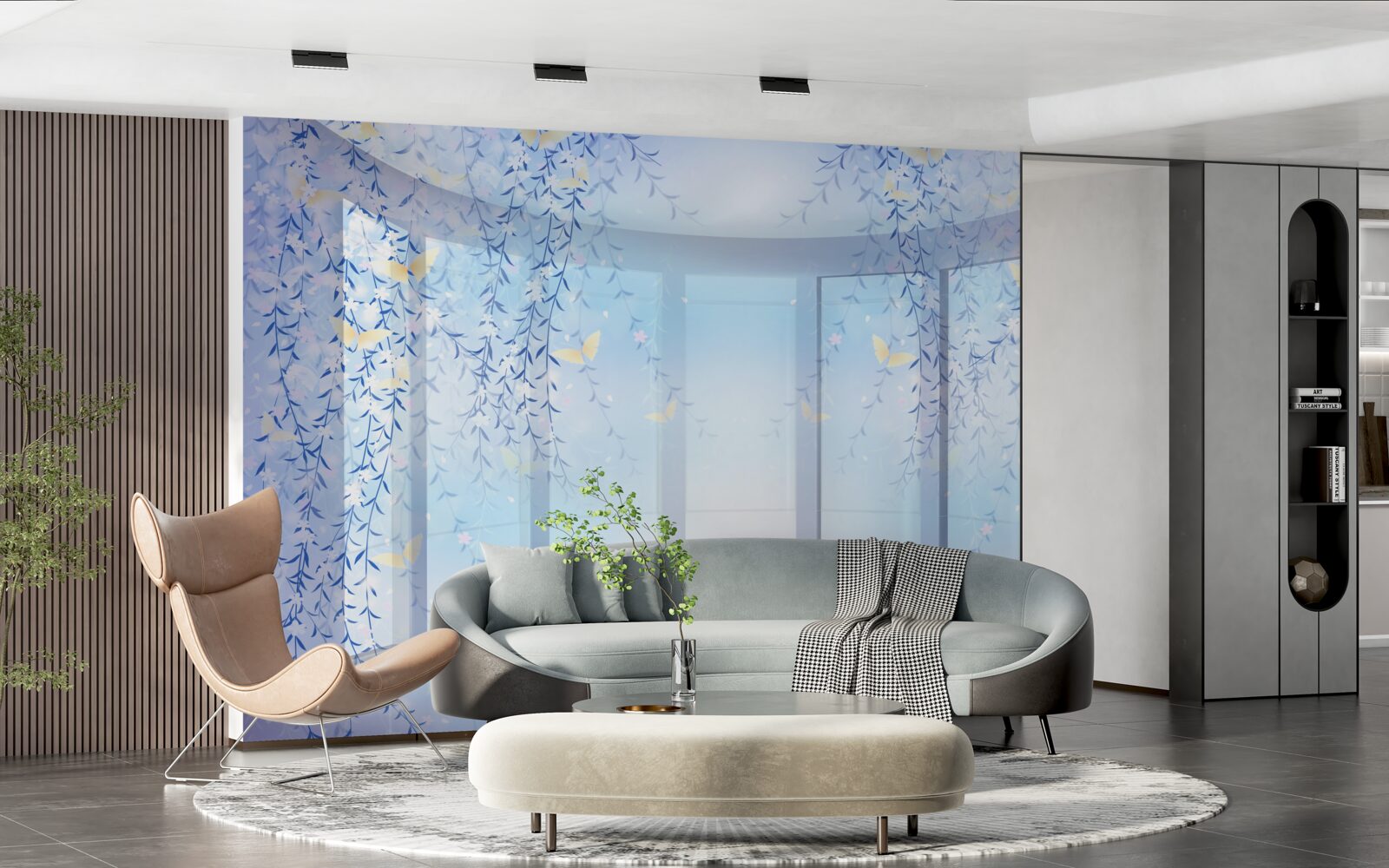 Fototapeten Ein Bogen mit Blumen vor dem Hintergrund eines himmlischen Panoramas dekoriert