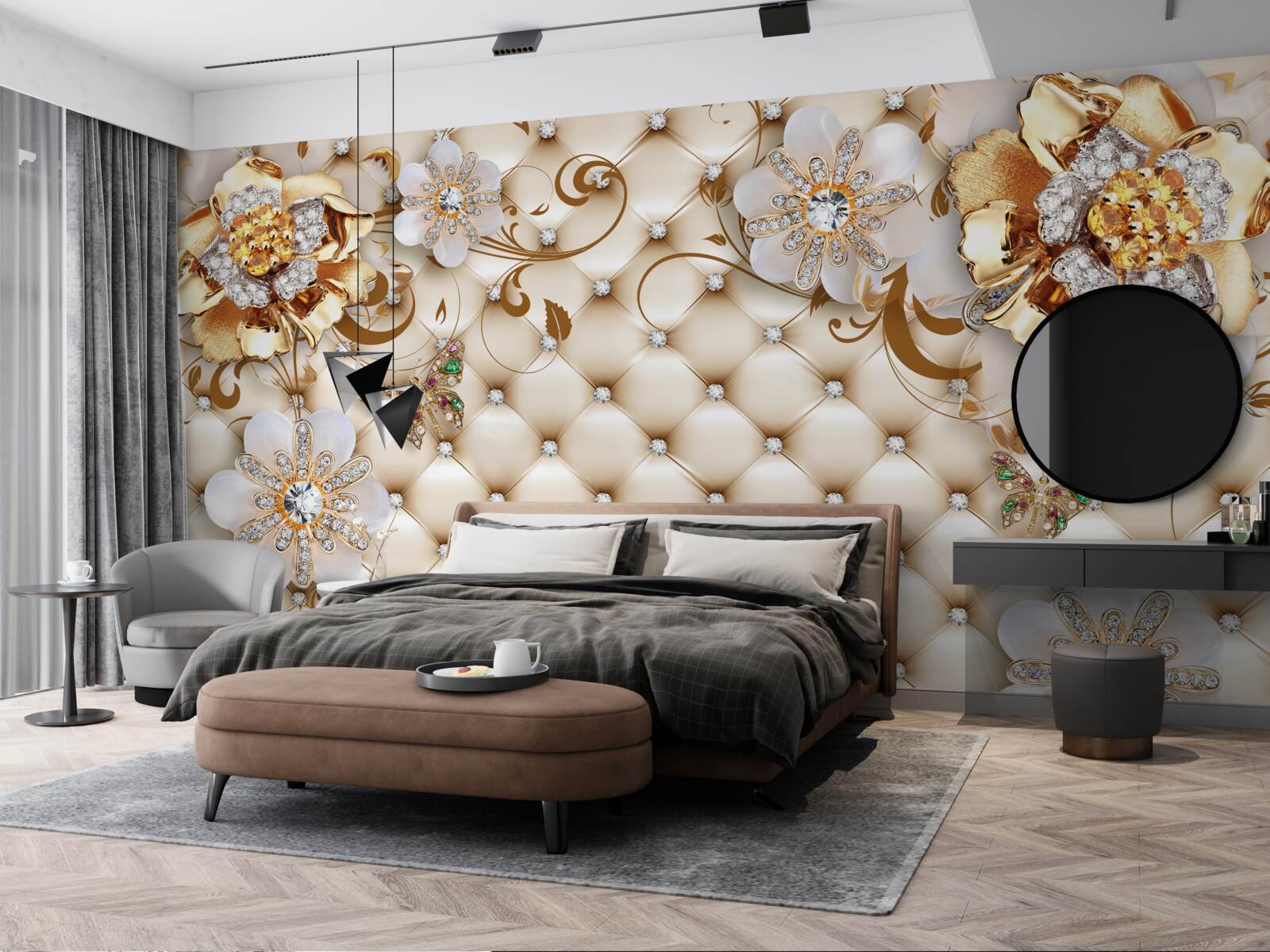 Fototapeten Blumen mit fünf Blütenblättern in Gold eingetaucht