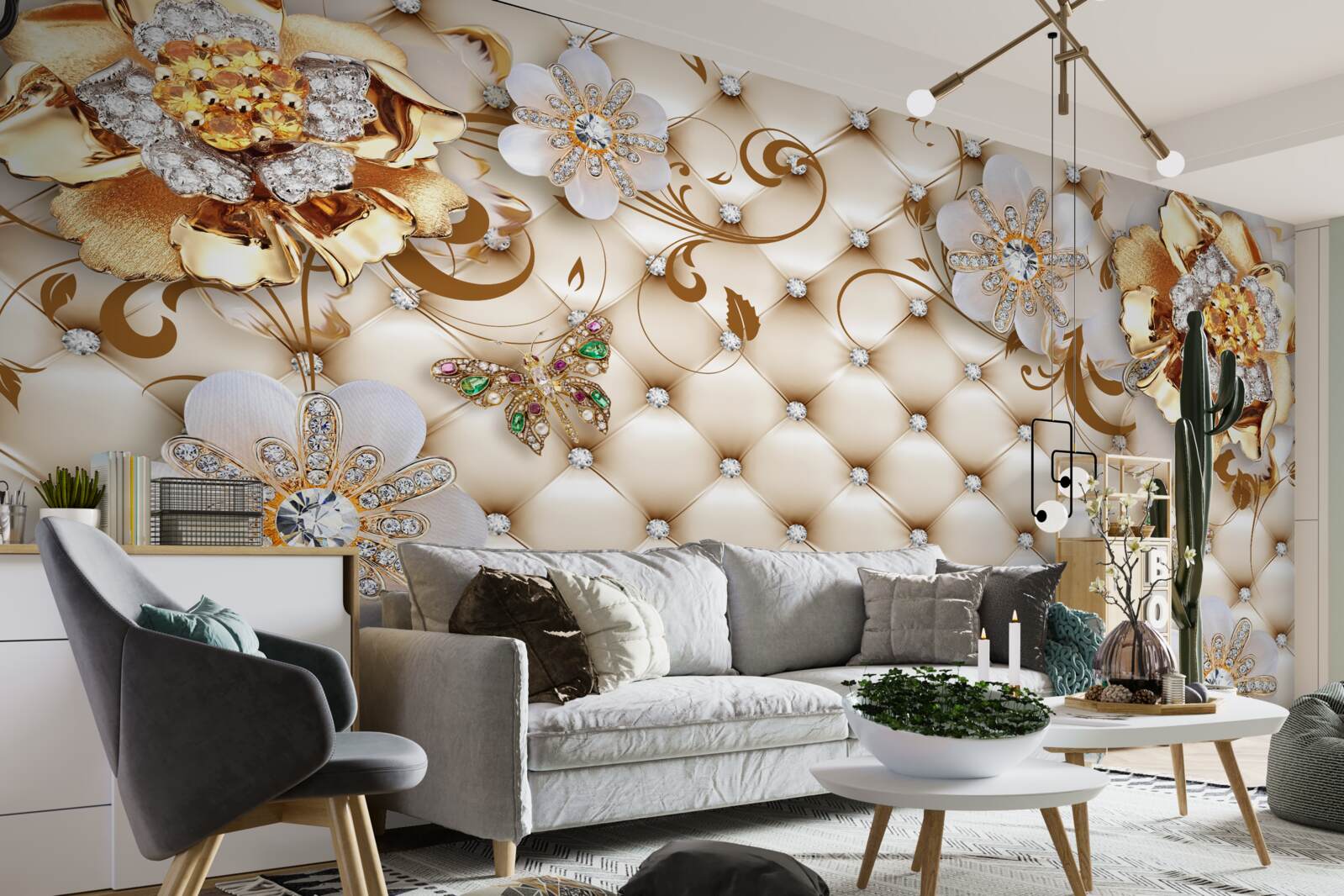 Fototapeten Blumen mit fünf Blütenblättern in Gold eingetaucht