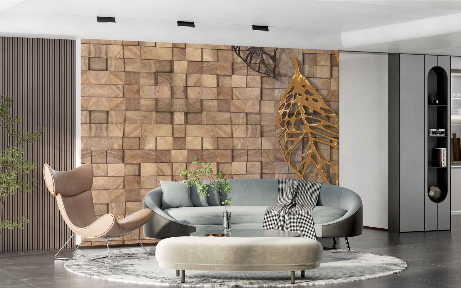 Fototapeten Mosaik in braunen Schatten mit dem Bild der Blätter