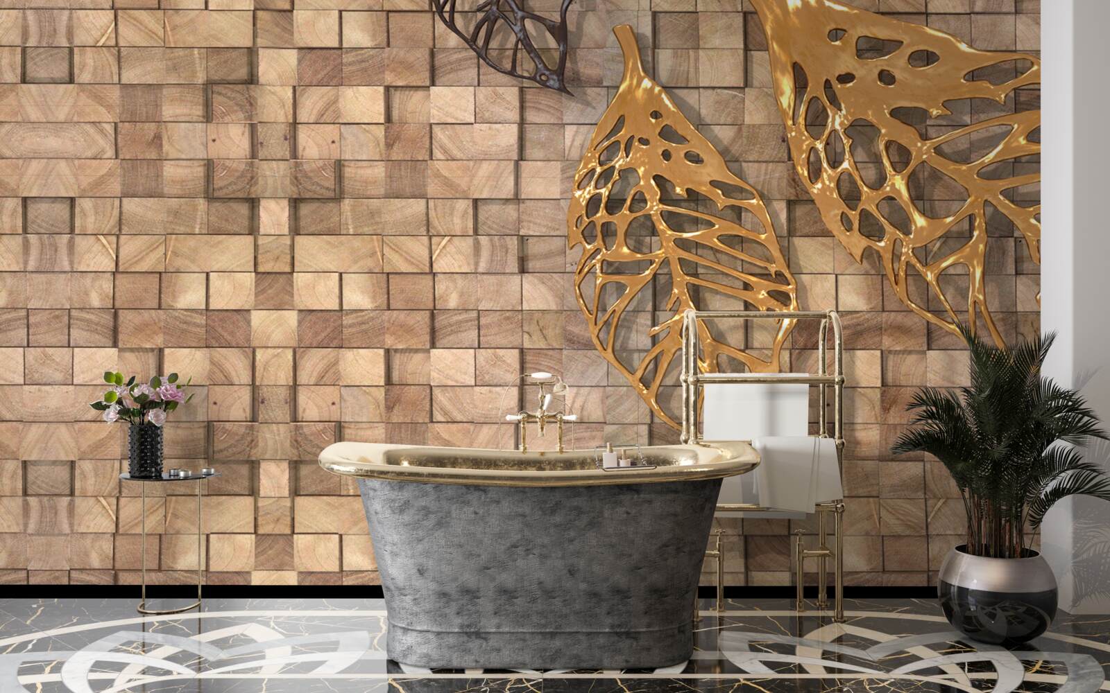 Fototapeten Mosaik in braunen Schatten mit dem Bild der Blätter