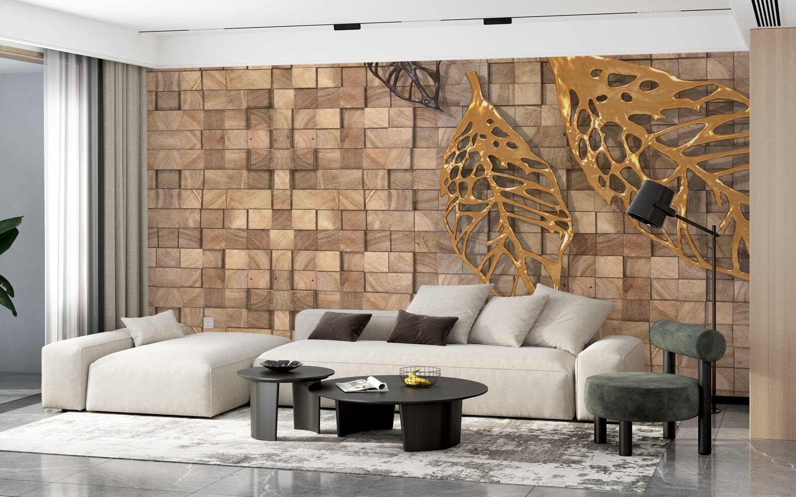 Fototapeten Mosaik in braunen Schatten mit dem Bild der Blätter