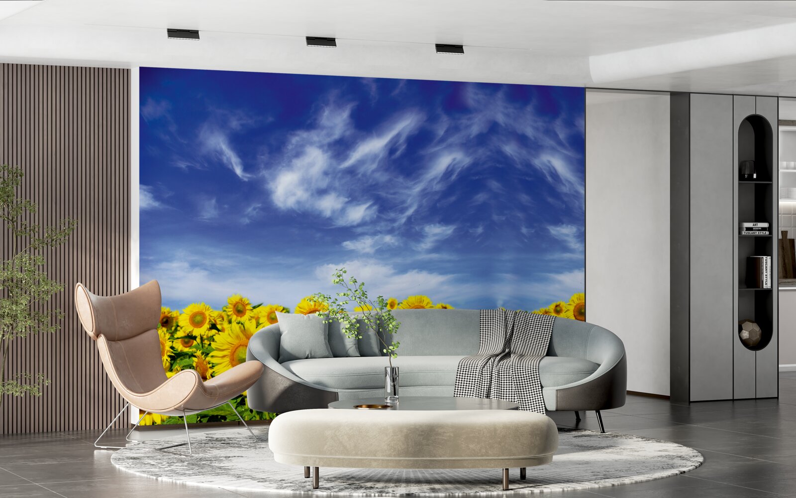 Fototapeten Blauer Himmel über dem Feld mit Sonnenblumen