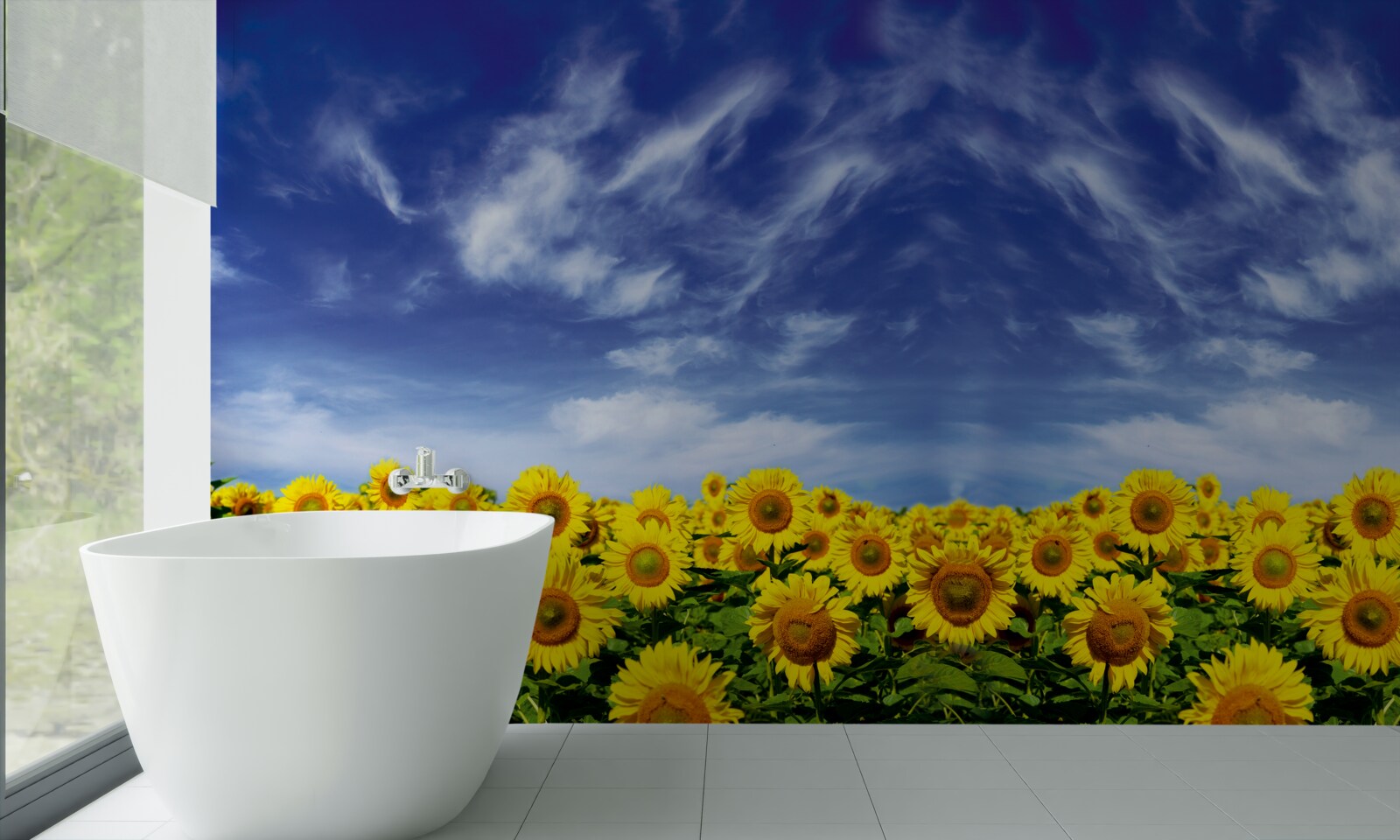 Fototapeten Blauer Himmel über dem Feld mit Sonnenblumen