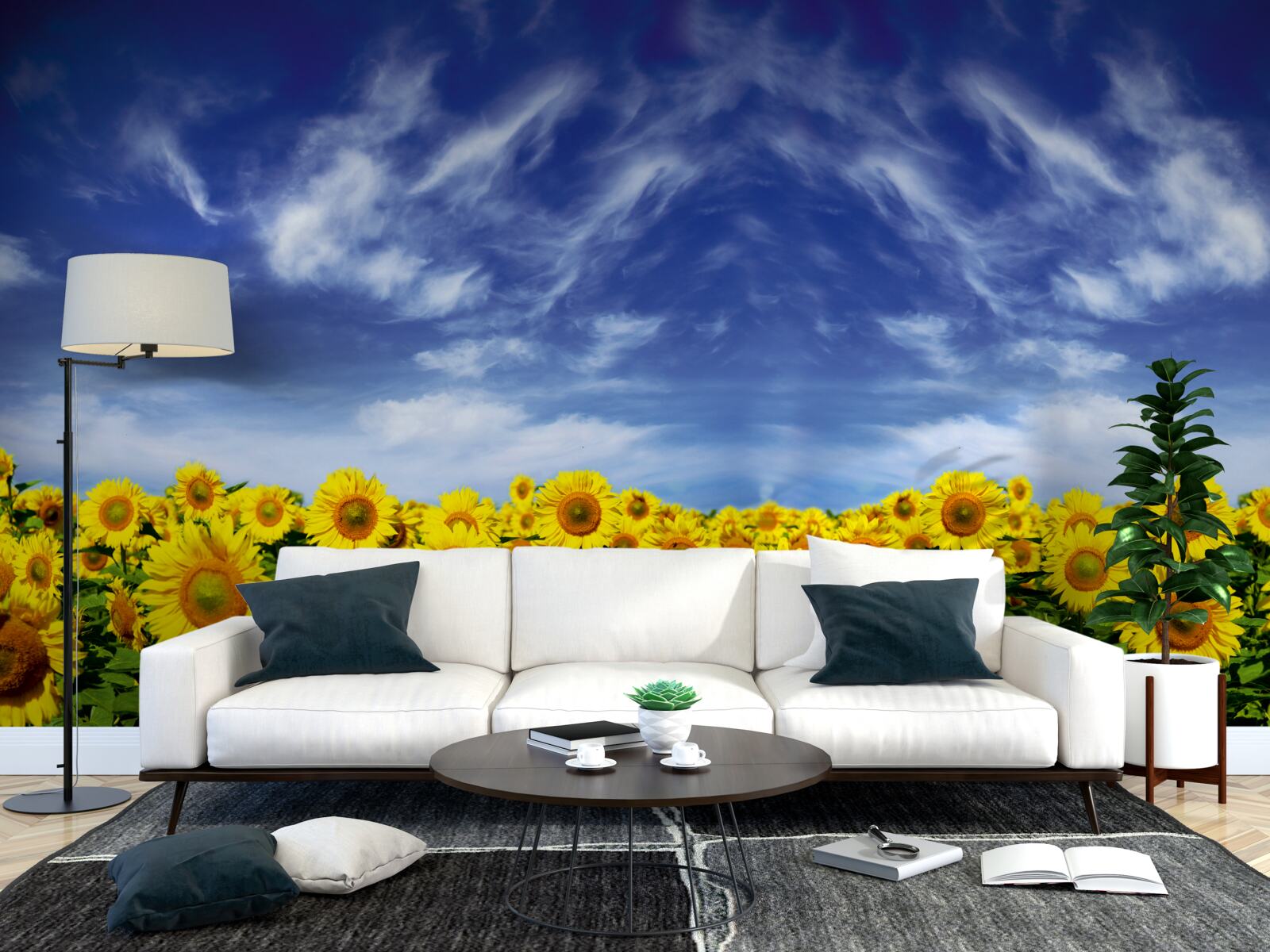 Fototapeten Blauer Himmel über dem Feld mit Sonnenblumen