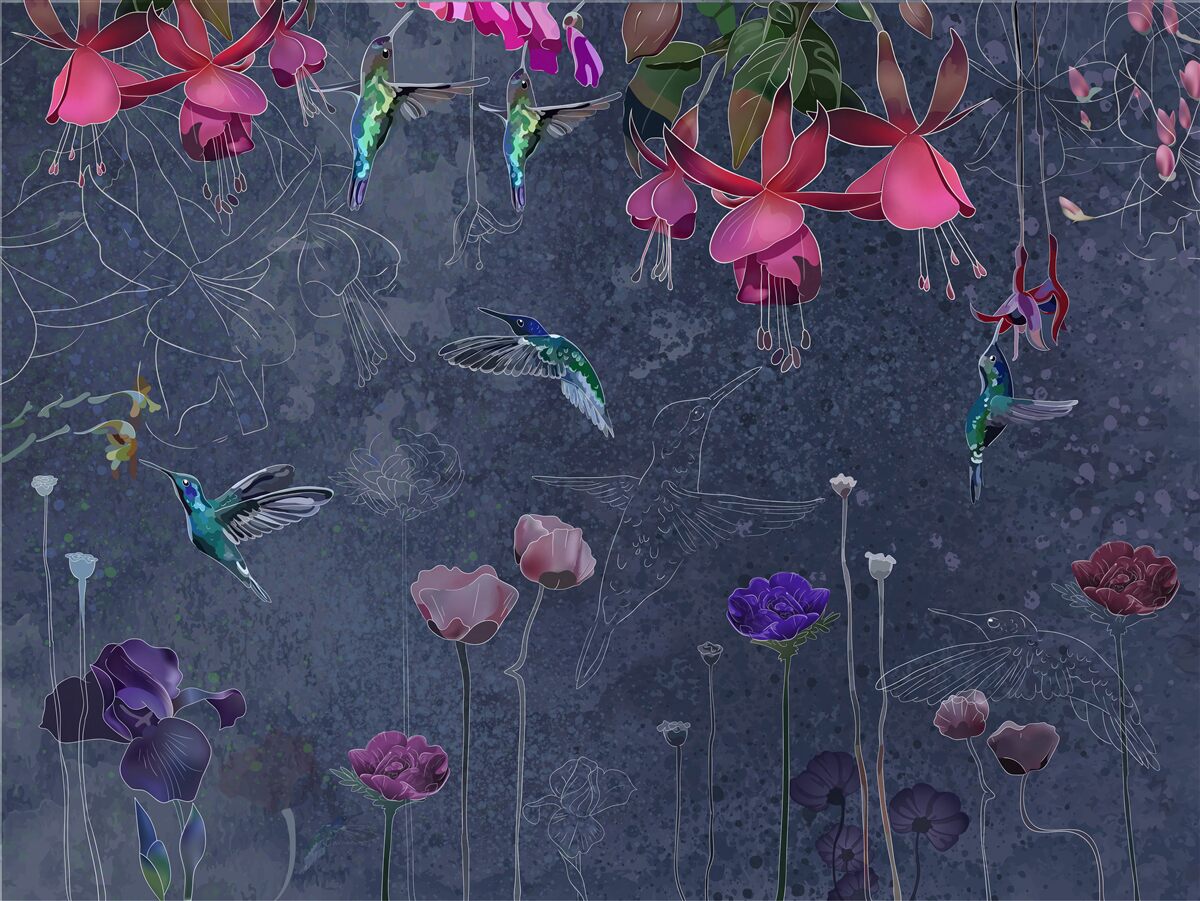 Fototapeten Kolibris und Blumen auf grauem Hintergrund