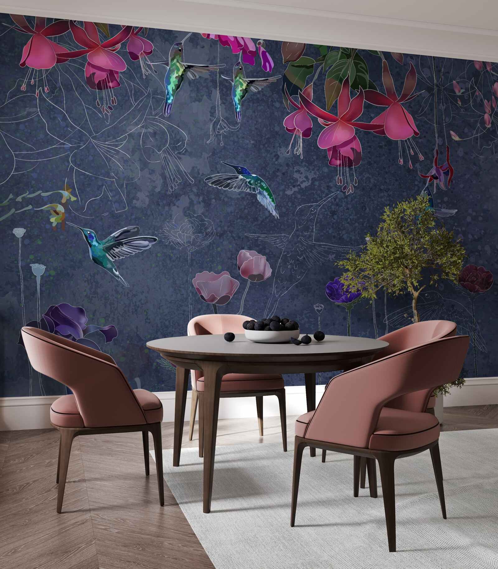 Fototapeten Kolibris und Blumen auf grauem Hintergrund