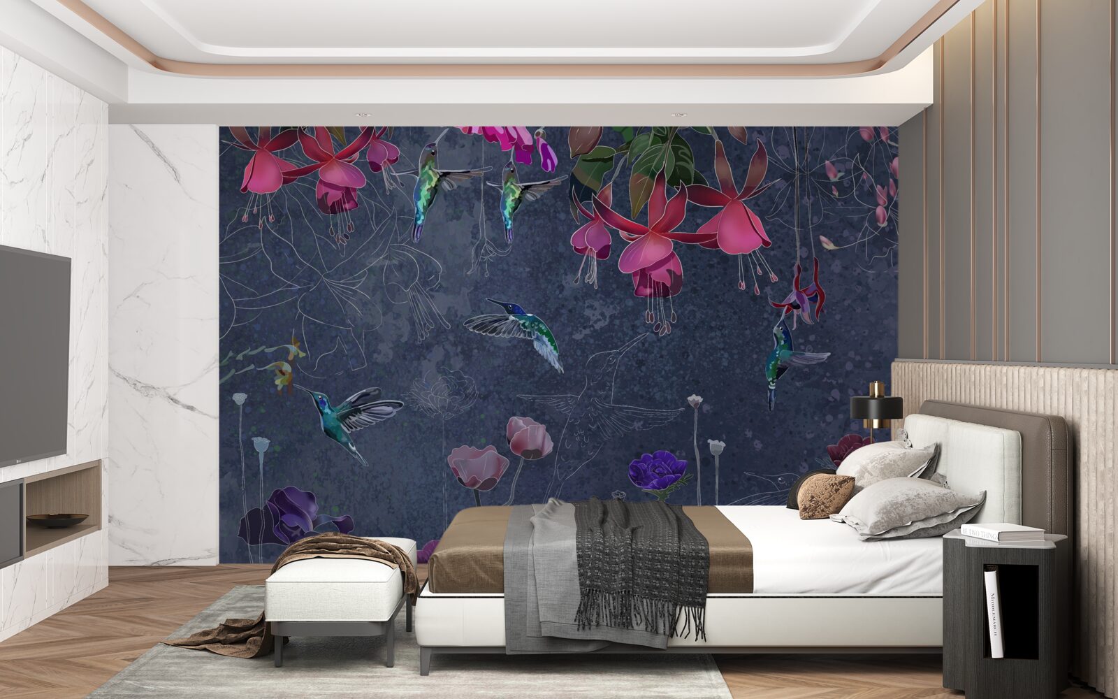Fototapeten Kolibris und Blumen auf grauem Hintergrund