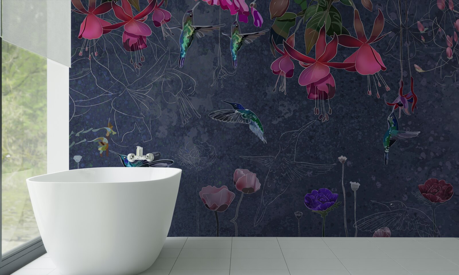 Fototapeten Kolibris und Blumen auf grauem Hintergrund