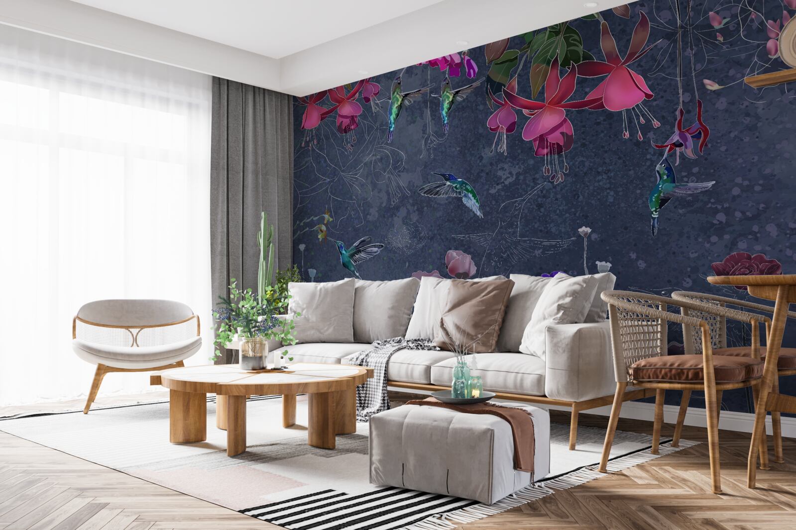Fototapeten Kolibris und Blumen auf grauem Hintergrund