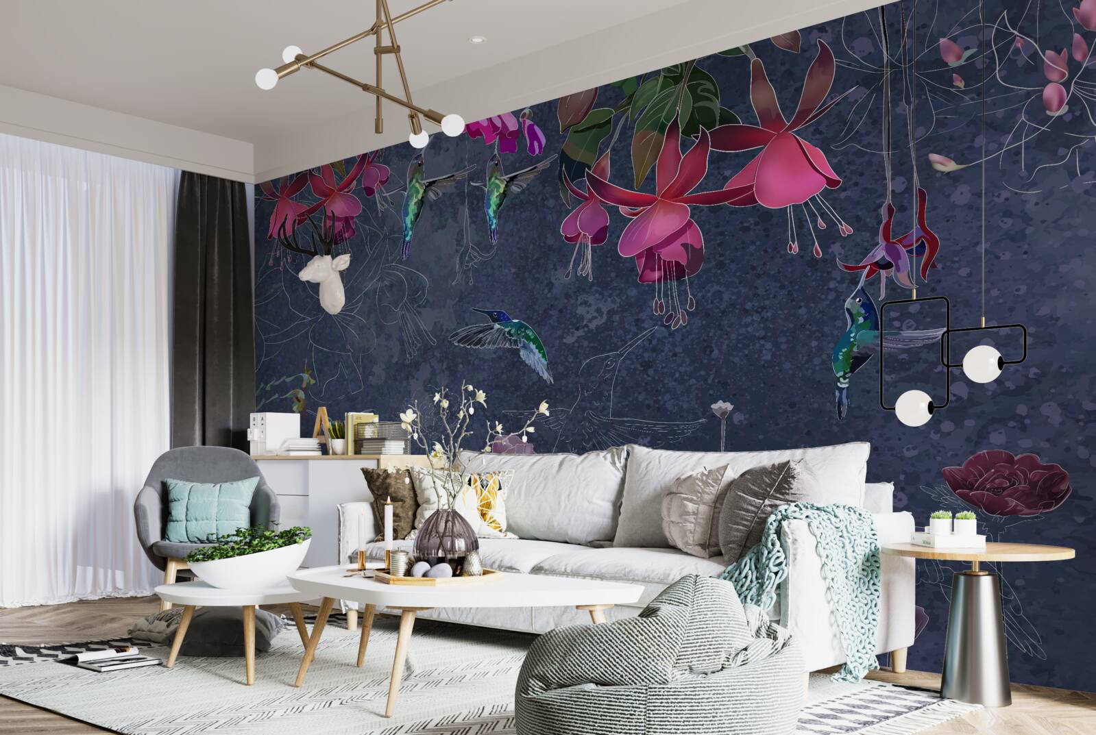 Fototapeten Kolibris und Blumen auf grauem Hintergrund