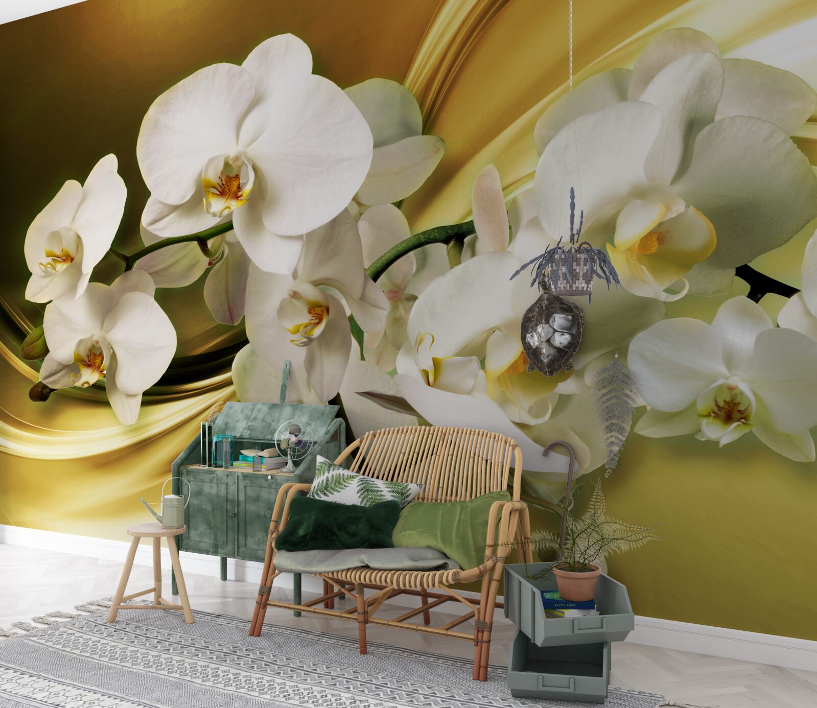Fototapeten Schnee -White -Orchideen, luxuriös auf braunem Seidenstoff geöffnet