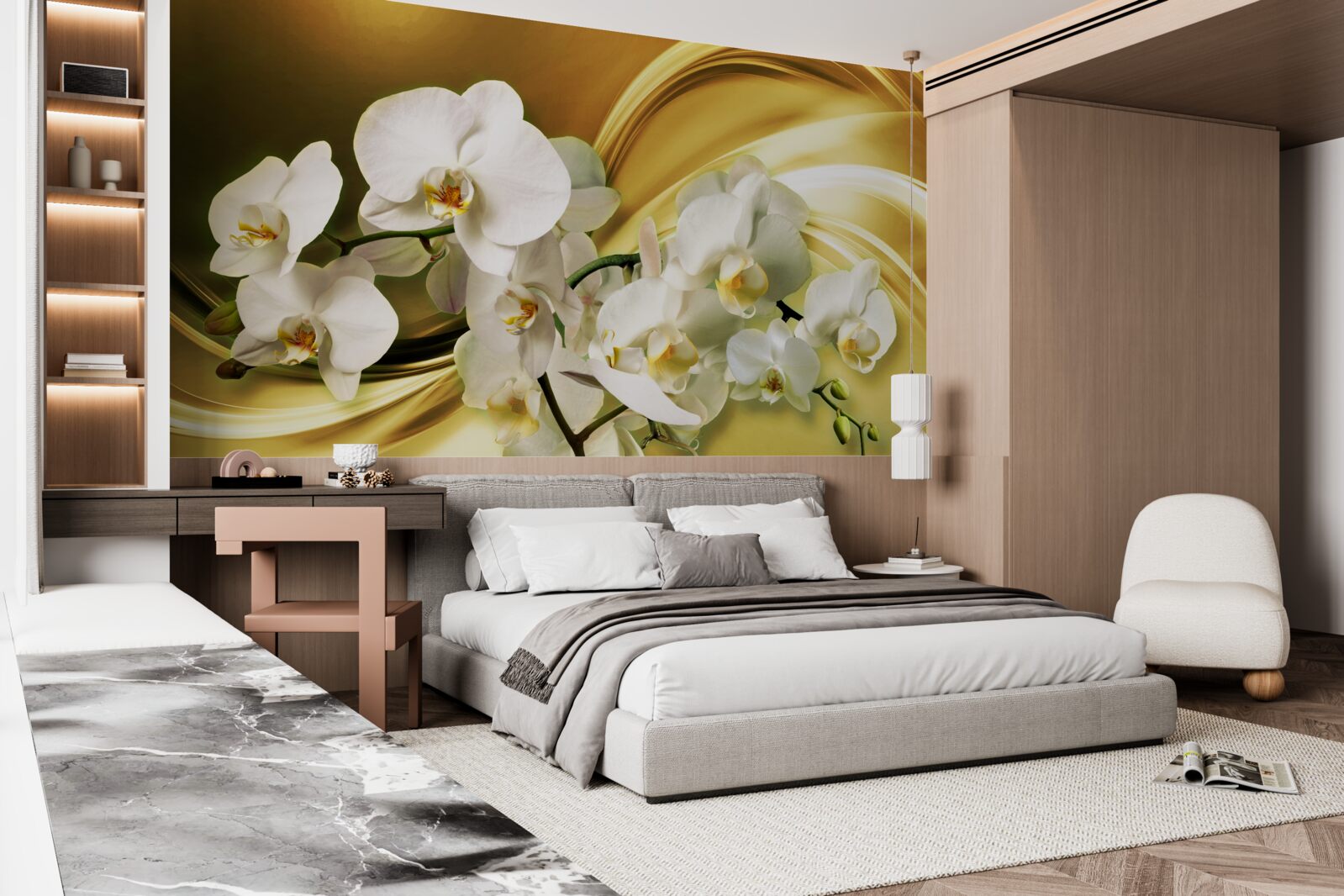 Fototapeten Schnee -White -Orchideen, luxuriös auf braunem Seidenstoff geöffnet