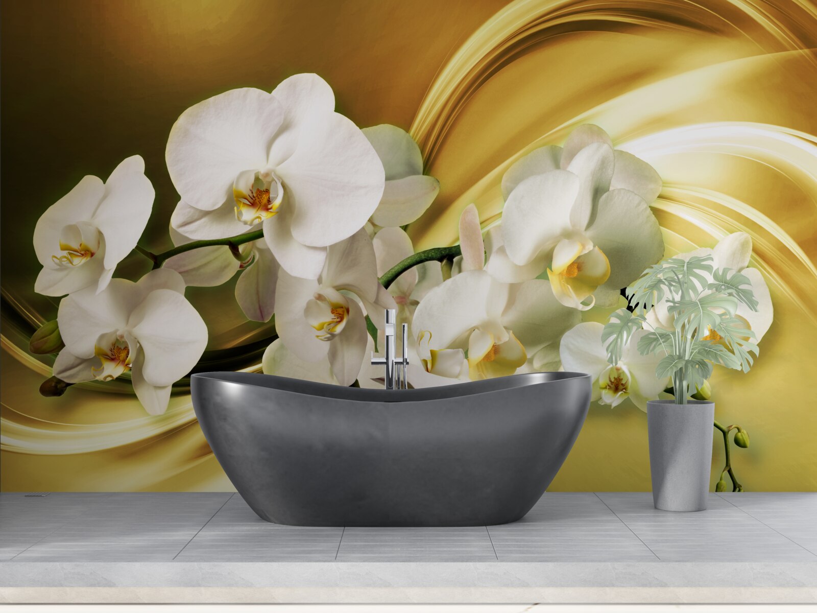 Fototapeten Schnee -White -Orchideen, luxuriös auf braunem Seidenstoff geöffnet