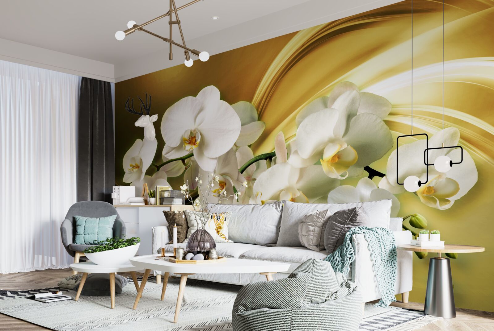 Fototapeten Schnee -White -Orchideen, luxuriös auf braunem Seidenstoff geöffnet