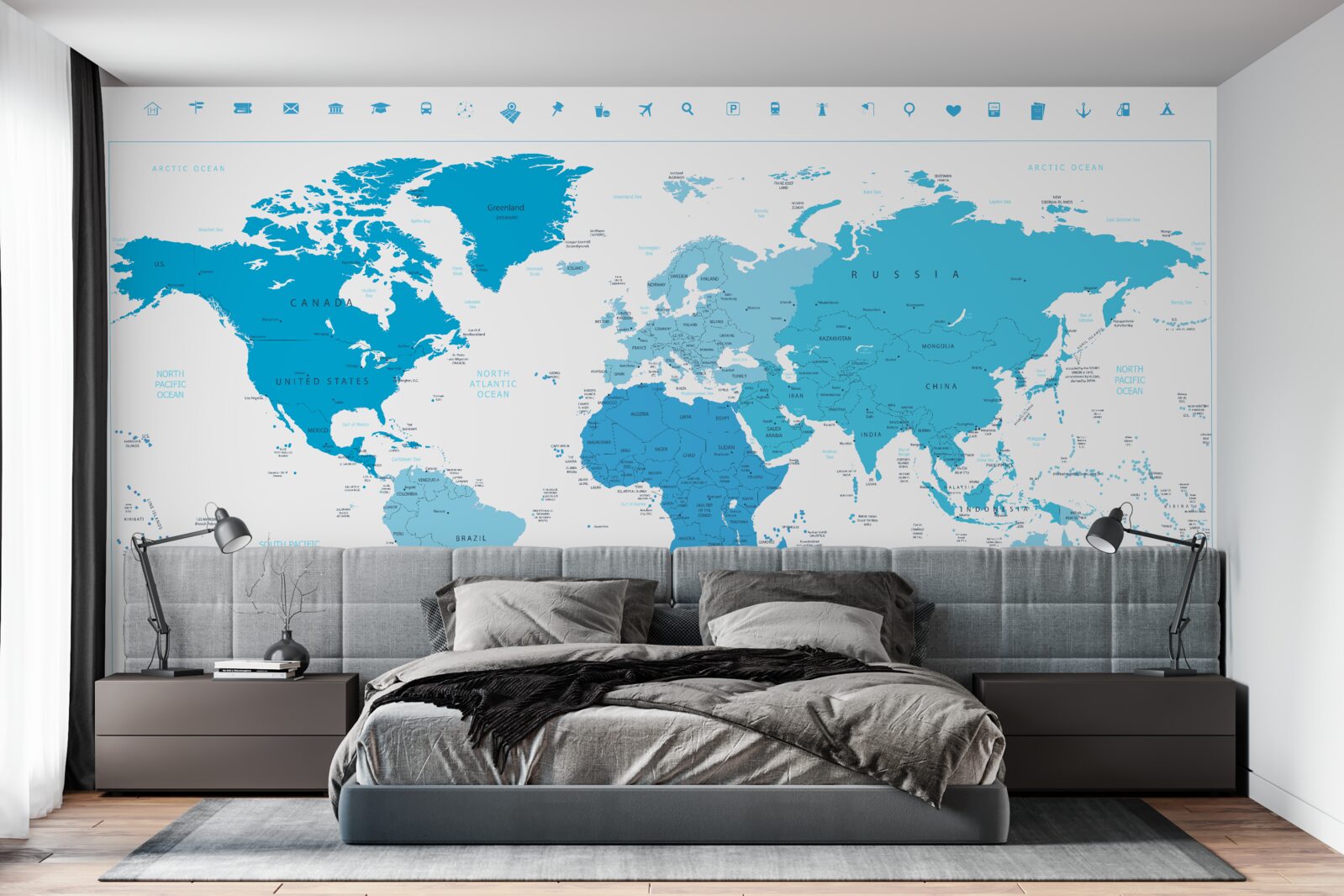 Fototapeten Blauer Schatten auf der Karte auf der ganzen Welt
