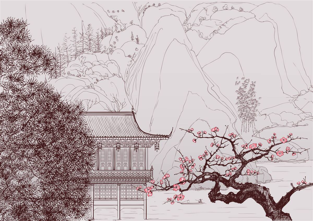 Fototapeten Garten im japanischen Stil in der Nähe des Dorfhauss in den Bergen