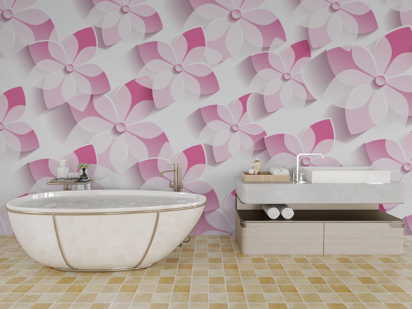 Fototapeten Hintergrund mit rosa und weißen Blumen