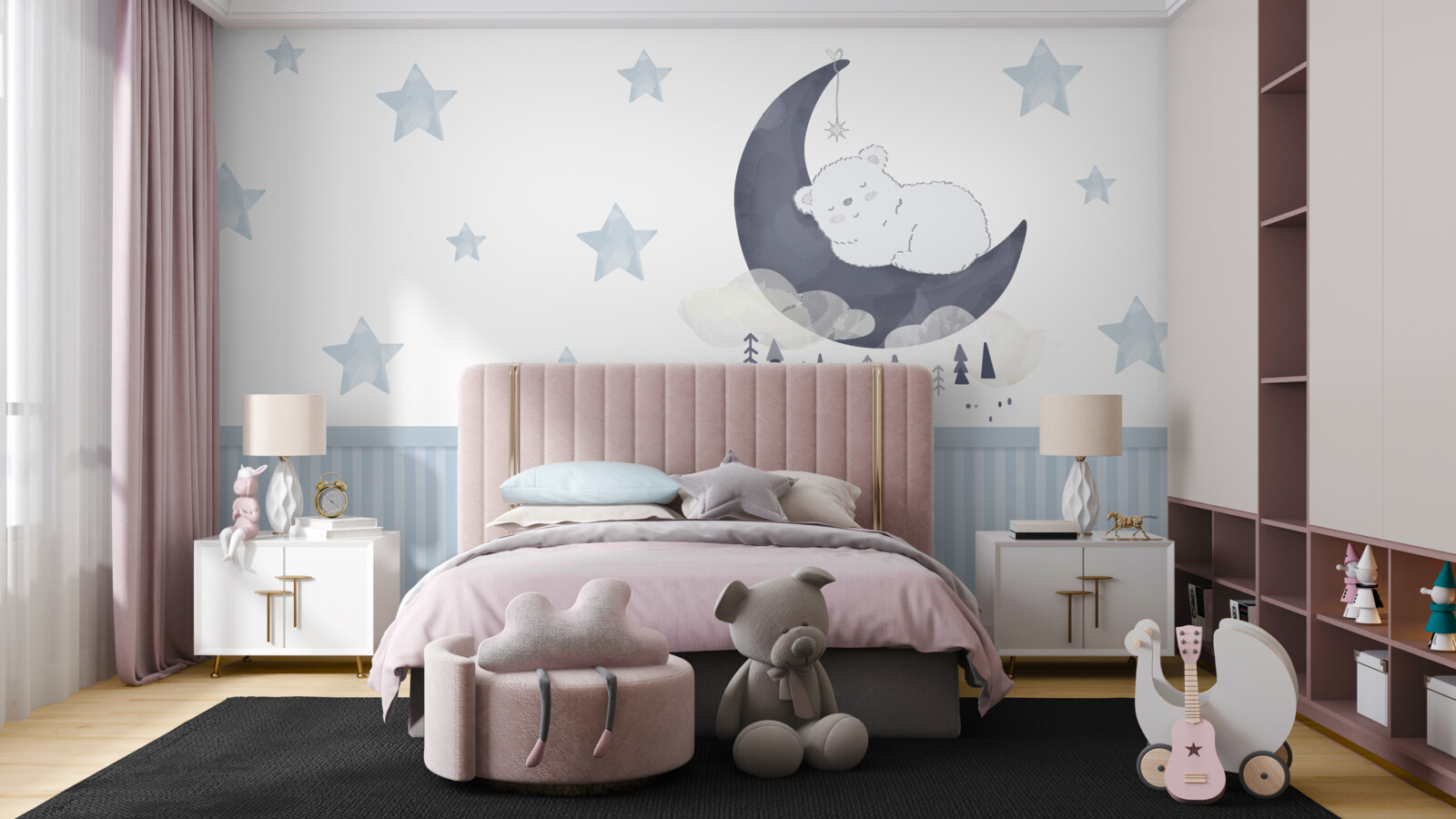 Fototapeten Der kleine Bär ließ sich auf dem Mond nieder