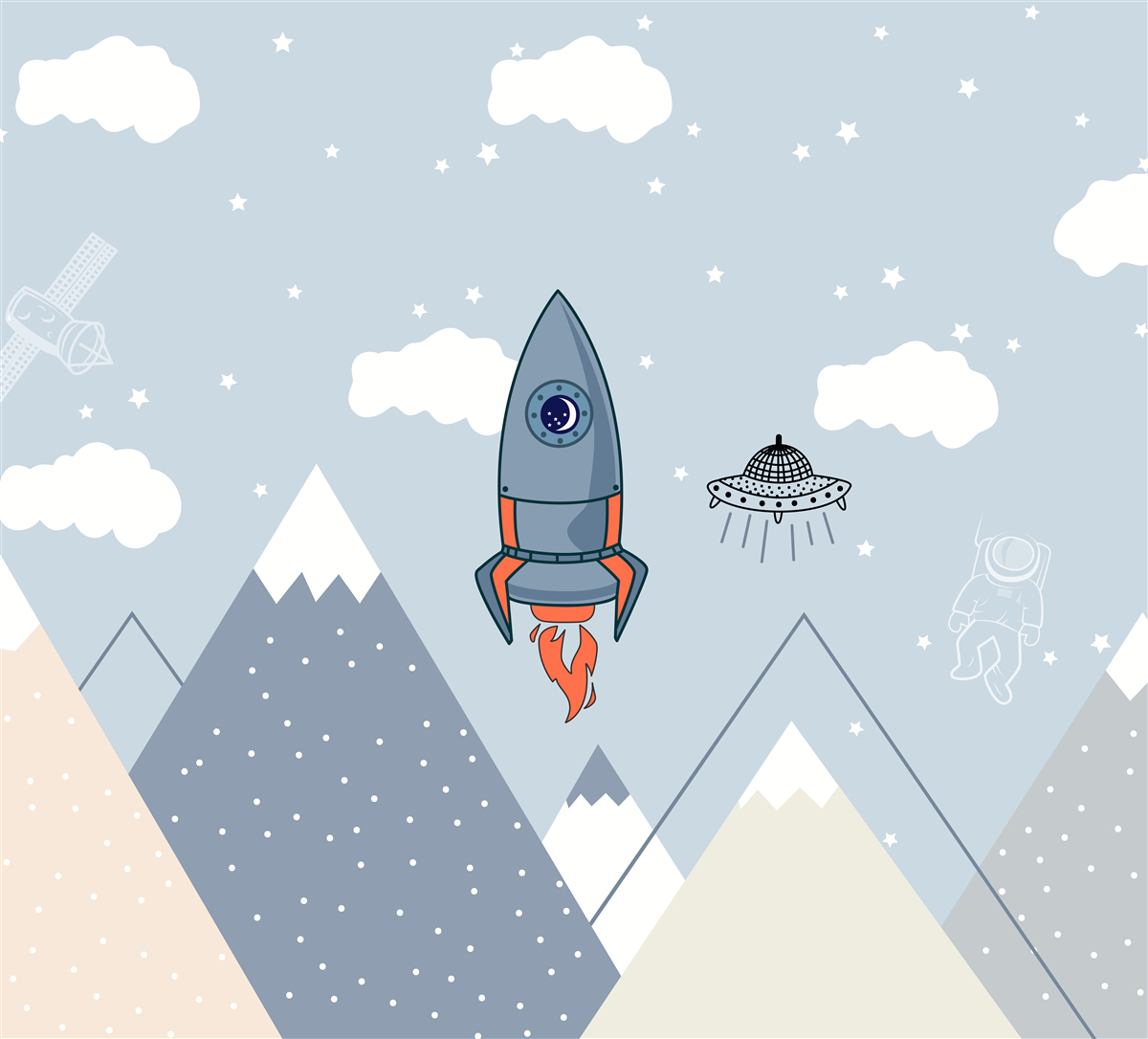 Fototapeten Die Rakete und UFOs gleiten über die Berge