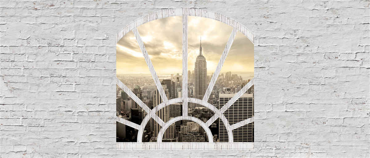 Fototapeten Ein Panoramafenster in einer Ziegelmauer, aus der es einen Blick auf New York gibt