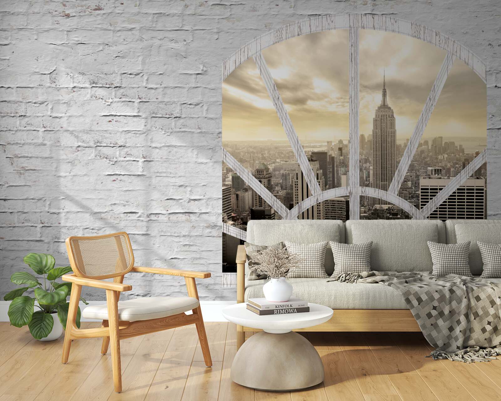 Fototapeten Ein Panoramafenster in einer Ziegelmauer, aus der es einen Blick auf New York gibt