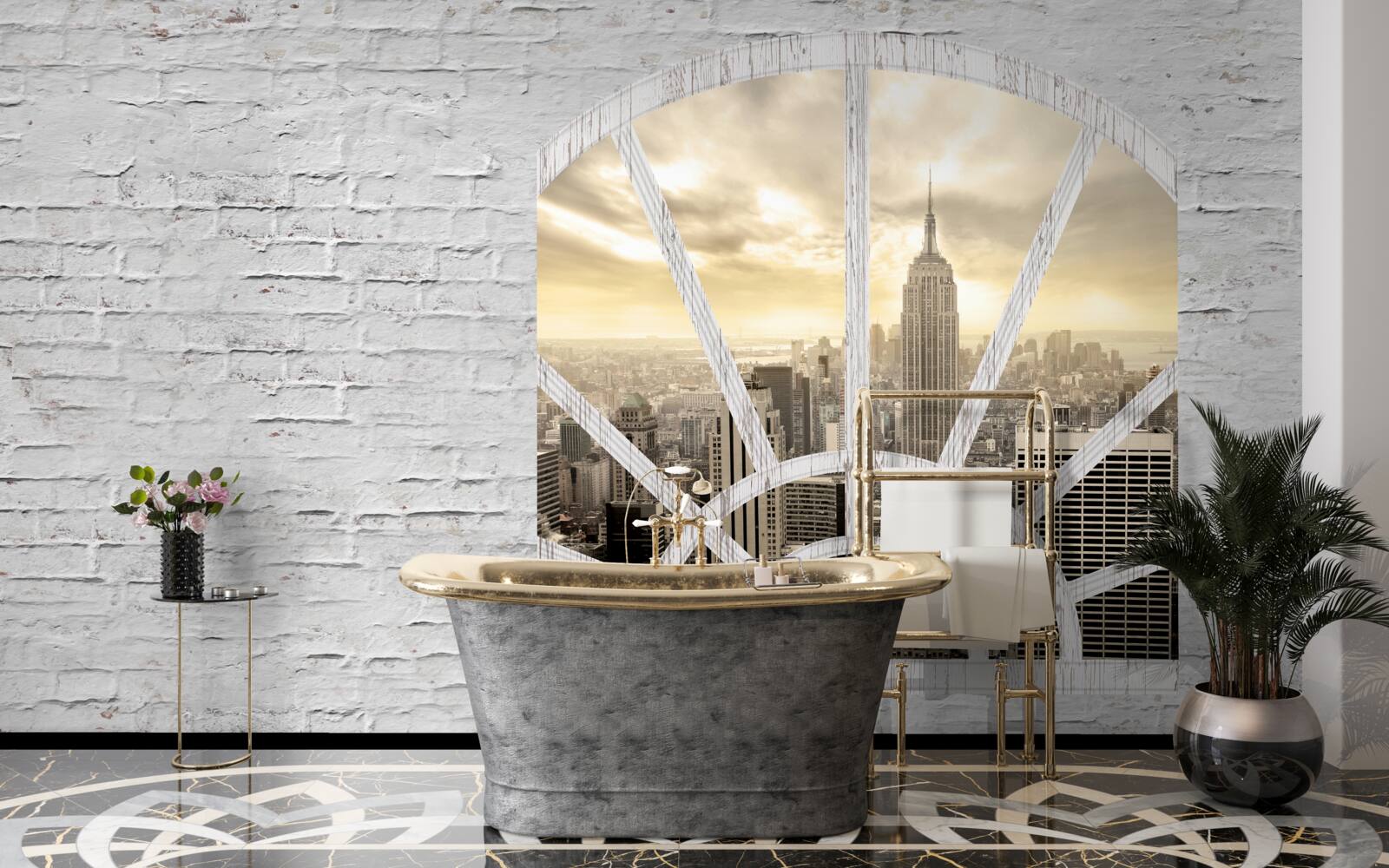 Fototapeten Ein Panoramafenster in einer Ziegelmauer, aus der es einen Blick auf New York gibt