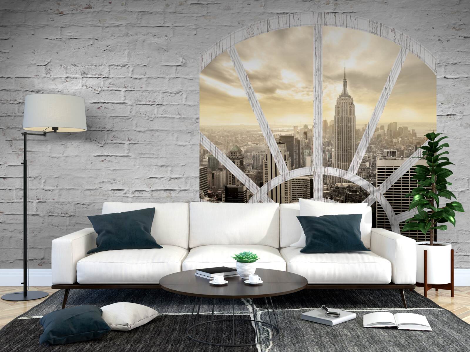 Fototapeten Ein Panoramafenster in einer Ziegelmauer, aus der es einen Blick auf New York gibt