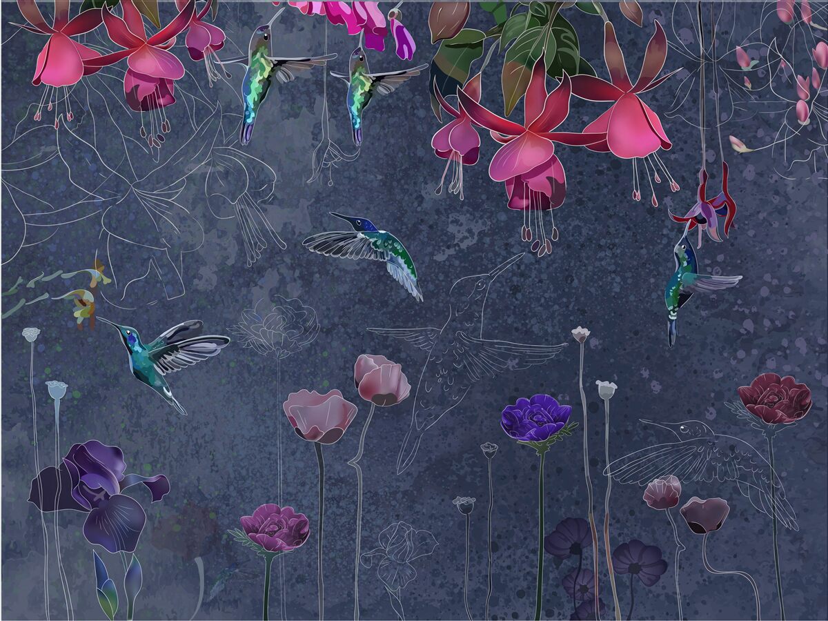 Fototapeten Blumen und Kolibris