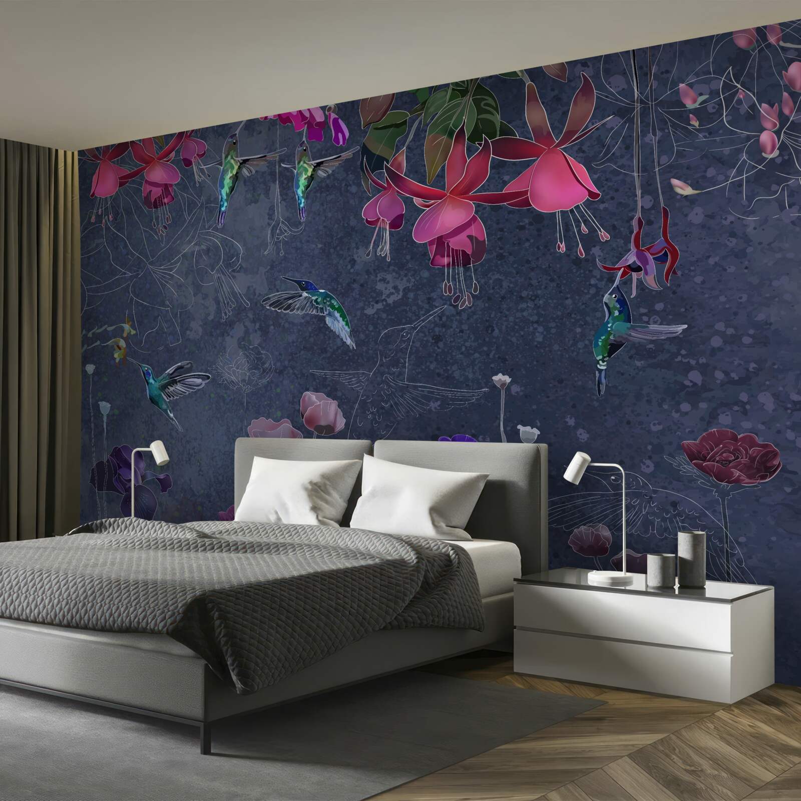 Fototapeten Blumen und Kolibris