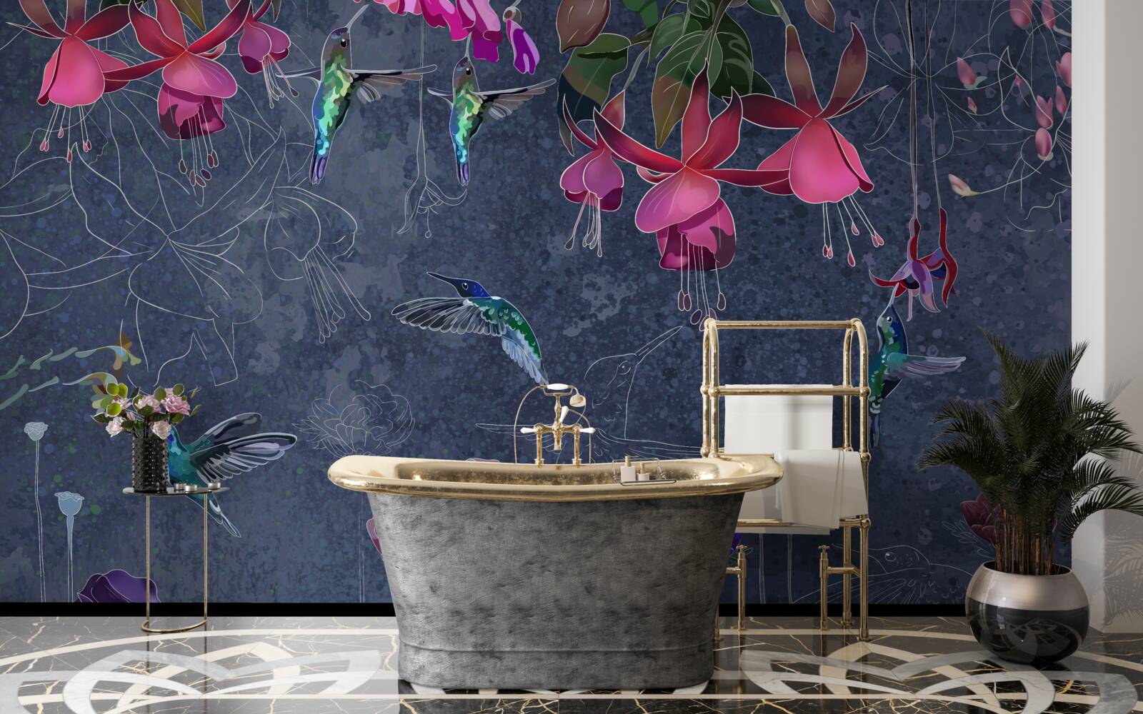 Fototapeten Blumen und Kolibris