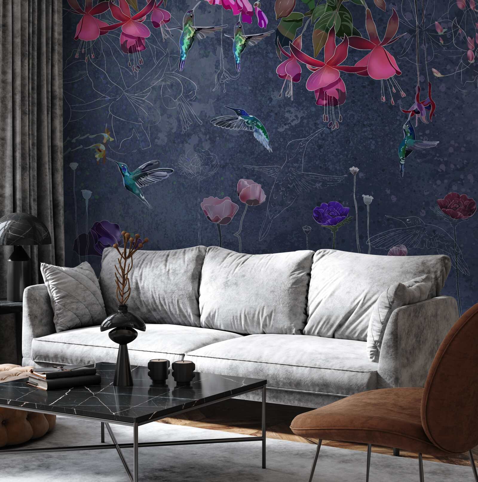 Fototapeten Blumen und Kolibris