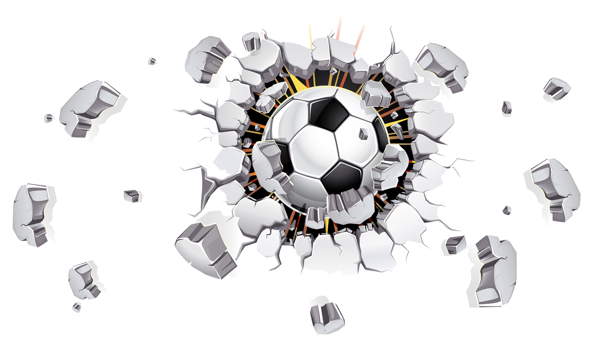 Fototapeten Die Wand war mit Fußball durchbohrt