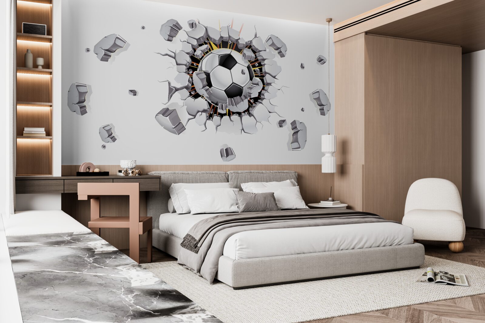 Fototapeten Die Wand war mit Fußball durchbohrt