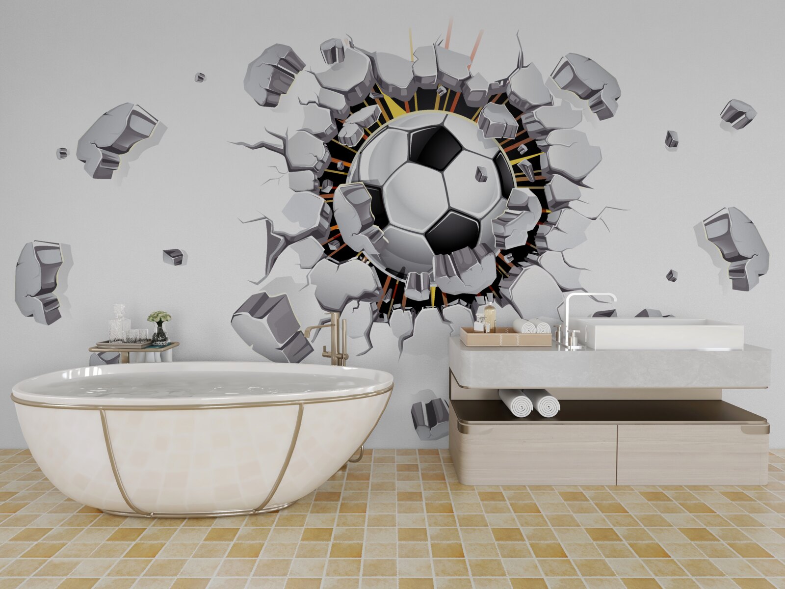 Fototapeten Die Wand war mit Fußball durchbohrt