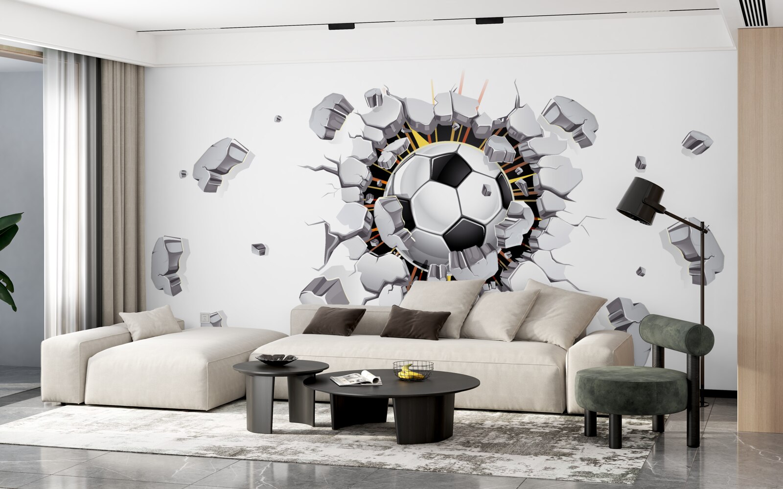 Fototapeten Die Wand war mit Fußball durchbohrt