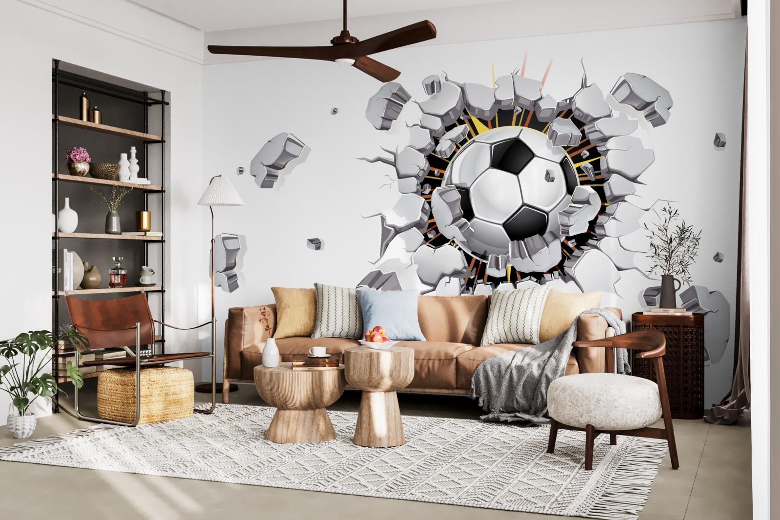 Fototapeten Die Wand war mit Fußball durchbohrt