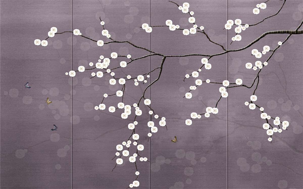 Fototapeten Ein Zweig mit kleinen weißen Blüten übersät