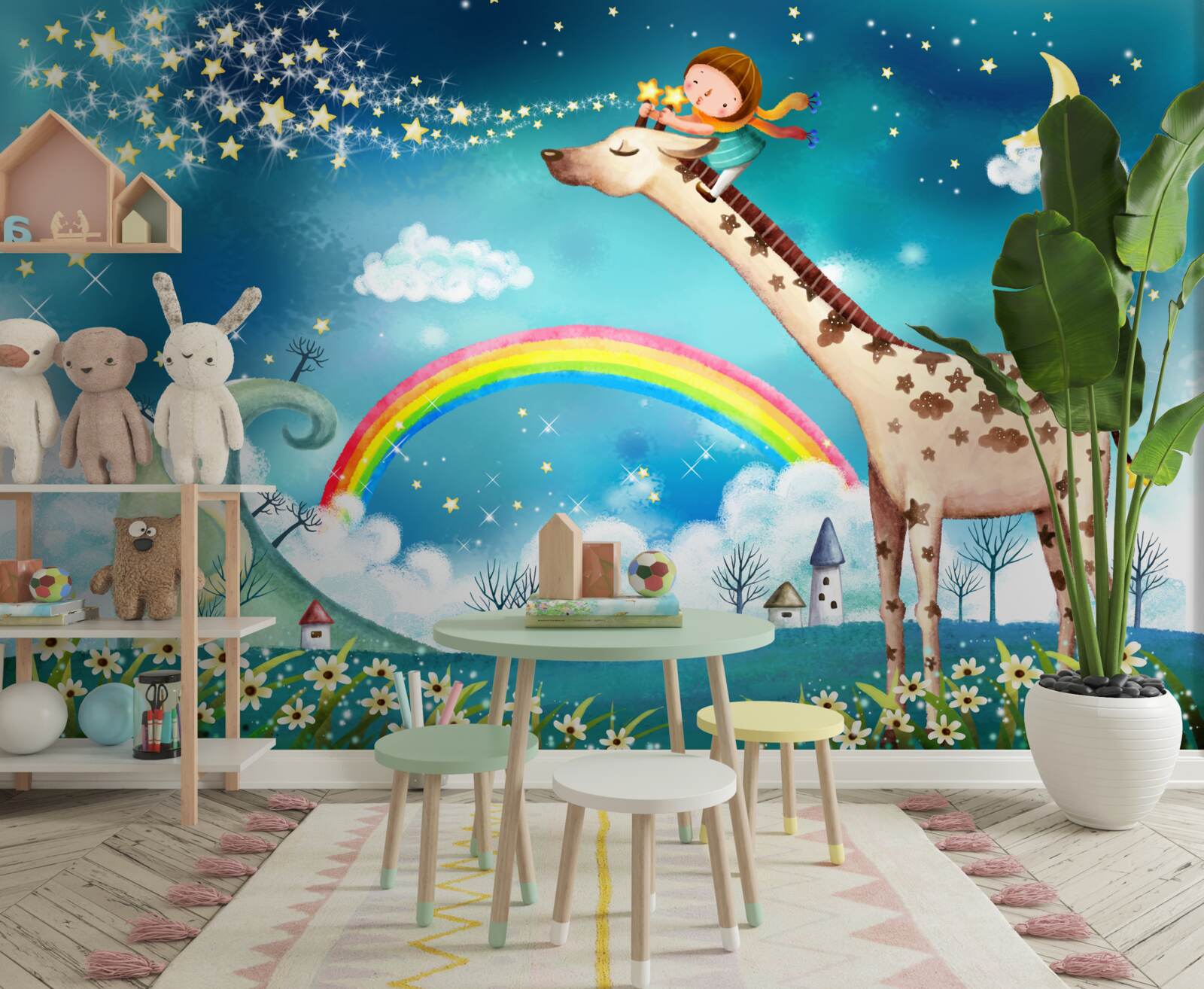 Fototapeten Kind auf einer Giraffe vor dem Hintergrund des Regenbogens