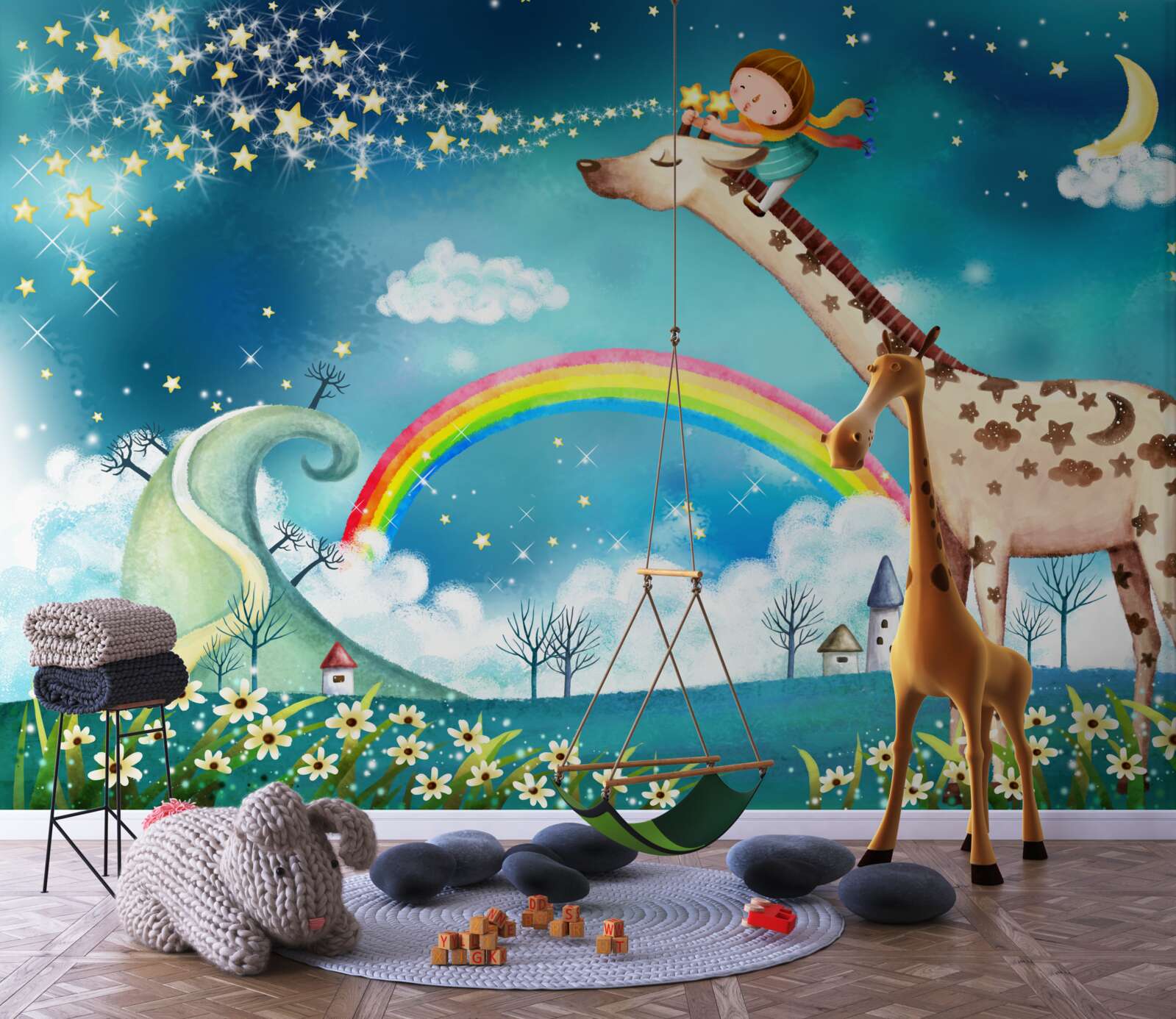Fototapeten Kind auf einer Giraffe vor dem Hintergrund des Regenbogens