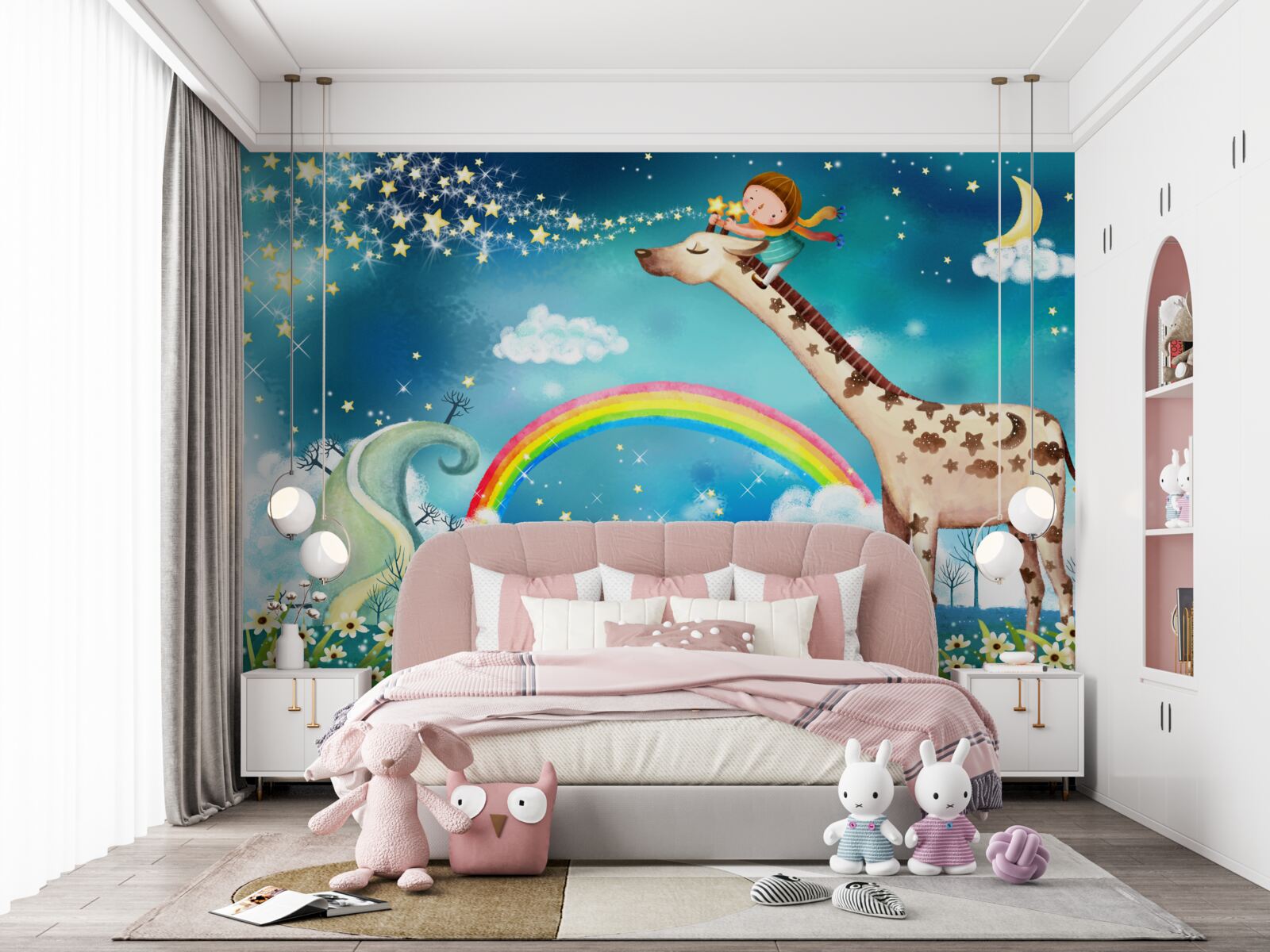 Fototapeten Kind auf einer Giraffe vor dem Hintergrund des Regenbogens