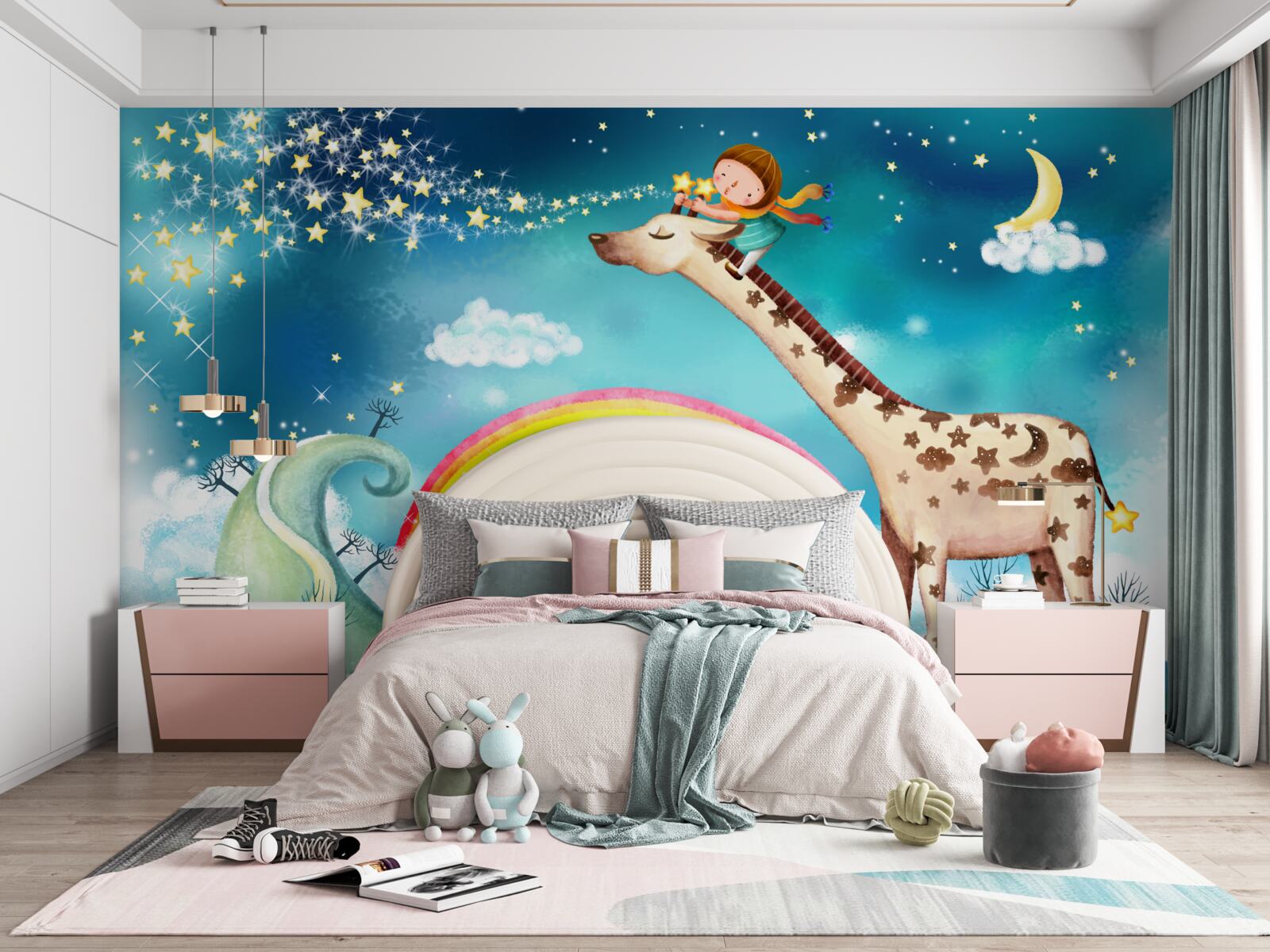 Fototapeten Kind auf einer Giraffe vor dem Hintergrund des Regenbogens
