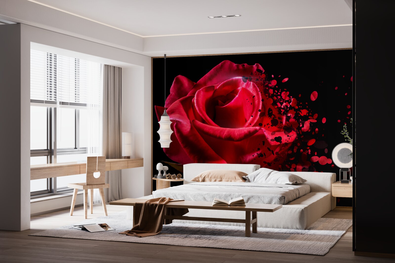Fototapeten Die rote Rose blüht auf einem schwarzen Hintergrund