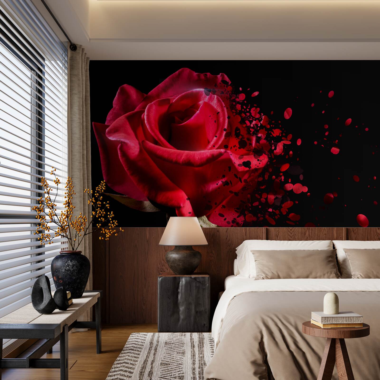 Fototapeten Die rote Rose blüht auf einem schwarzen Hintergrund