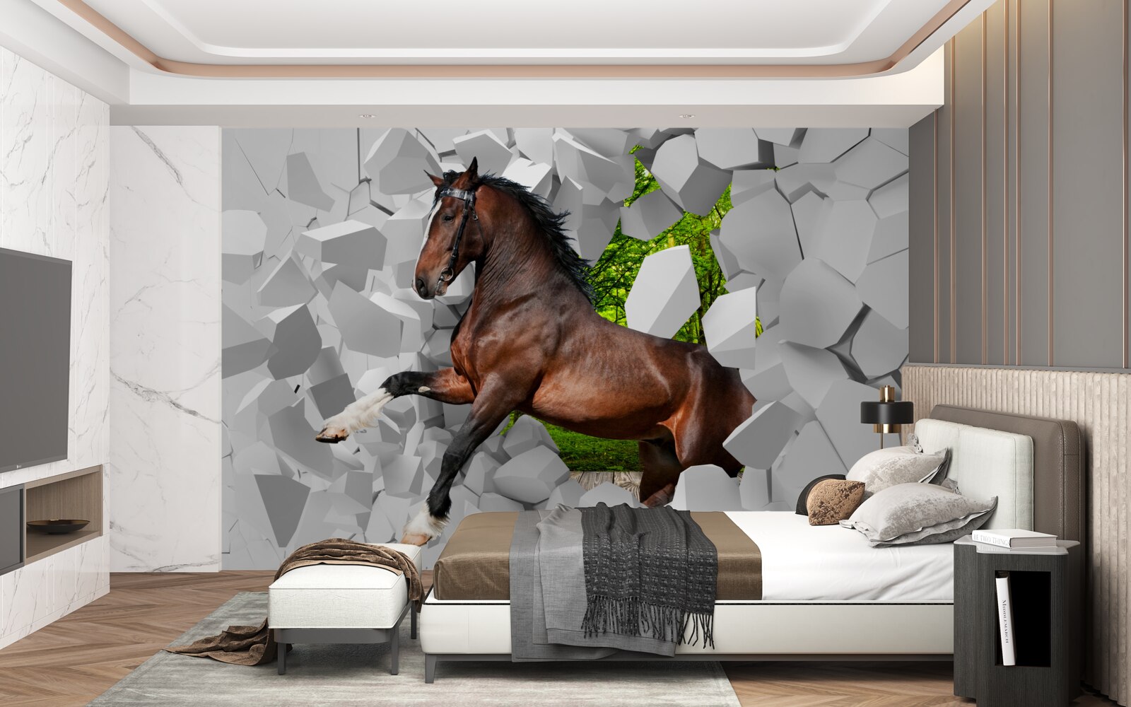 Fototapeten Das braune Pferd überwindet ein Hindernis in Form einer Wand