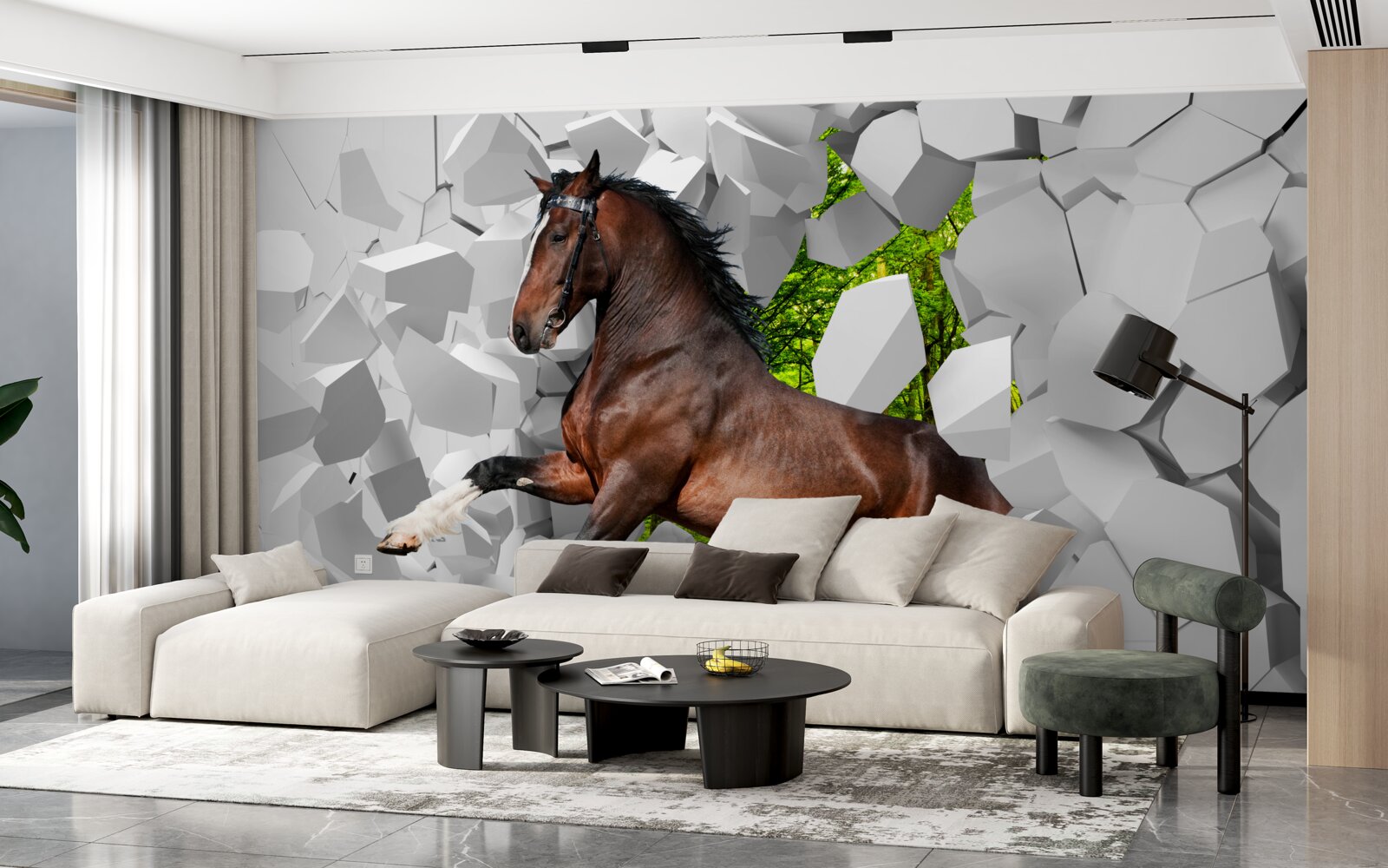 Fototapeten Das braune Pferd überwindet ein Hindernis in Form einer Wand
