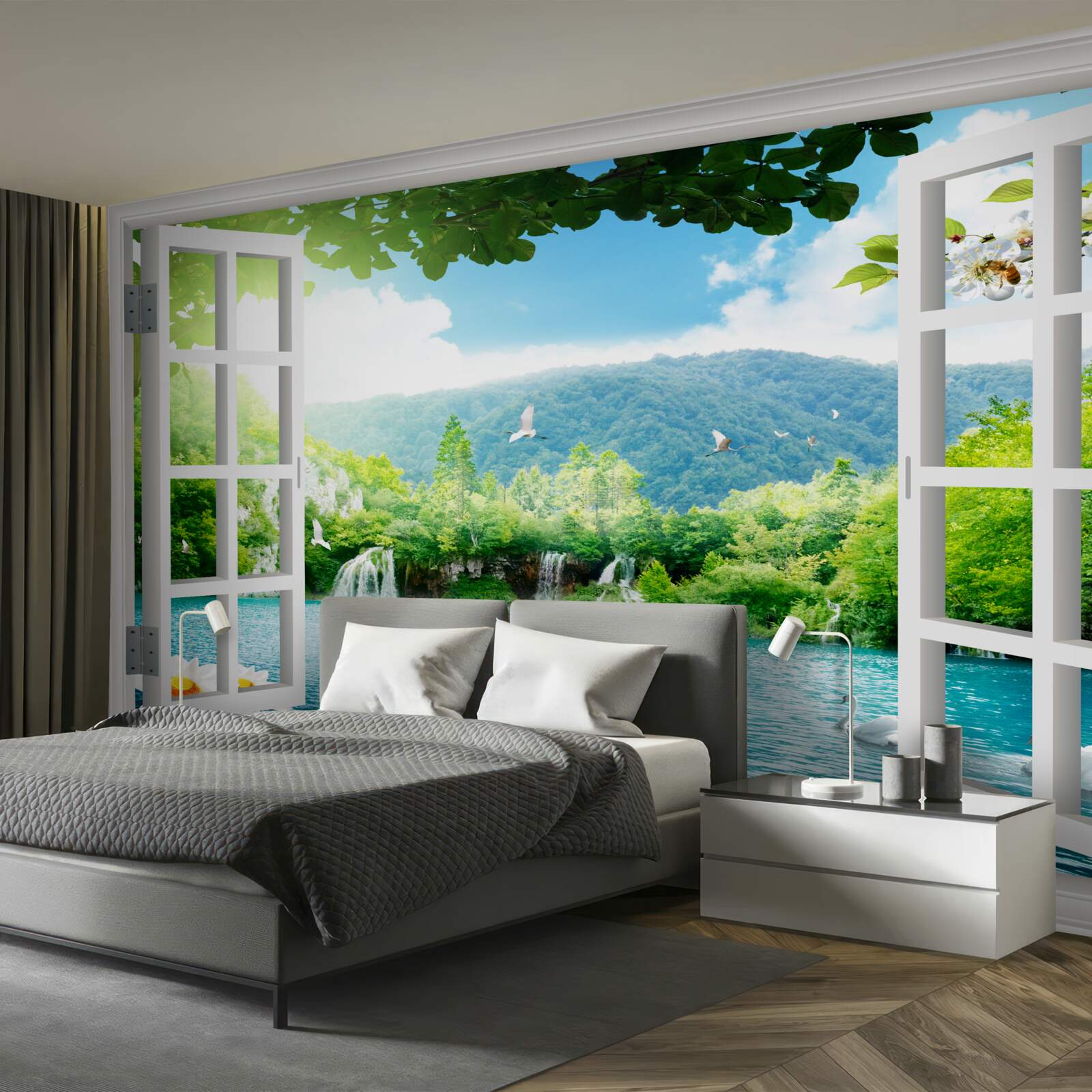 Fototapeten Das Fenster geht zum See, was von den Wasserfällen beeinflusst wird